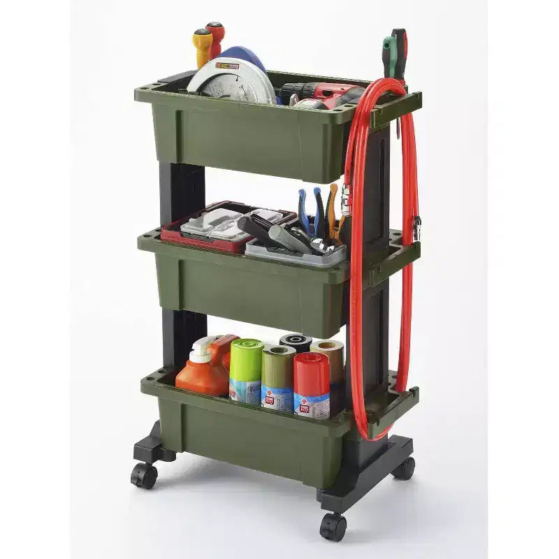 Servante d'atelier mobile robuste avec plateau-conteneur, vert et noir