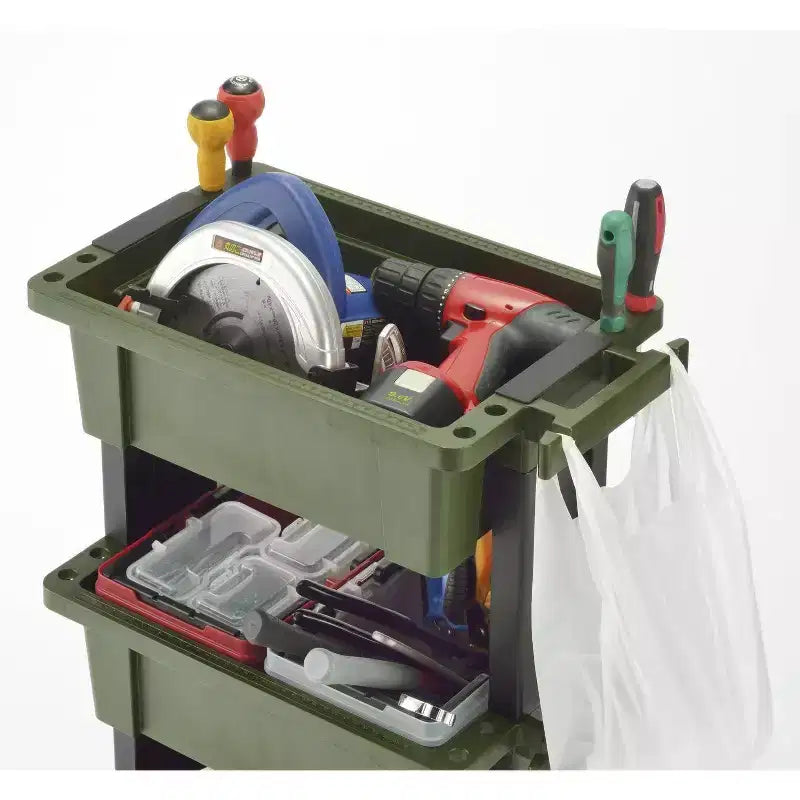 Servante d'atelier mobile robuste avec plateau-conteneur, vert et noir