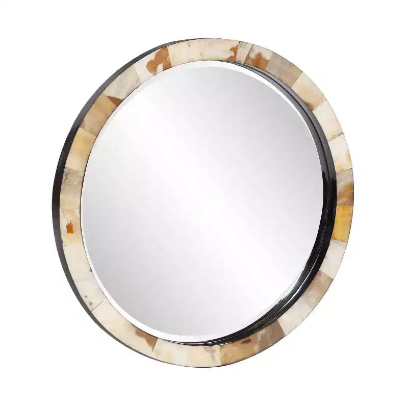 Miroir mural biseauté rond de 24 po avec cadre en corne carrelée blanc et beige