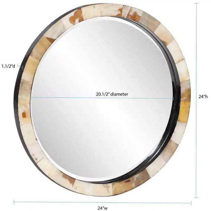 Miroir mural biseauté rond de 24 po avec cadre en corne carrelée blanc et beige