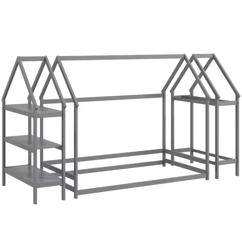 Costway Twin Size House Bed Montessori Floor Bed with Detachable Storage Shelves Gray/White