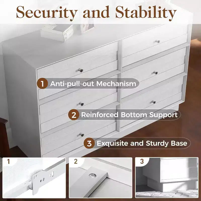 Commode à 6 tiroirs avec poignées en cristal et bande peinte pour chambre à coucher, salon, couloir