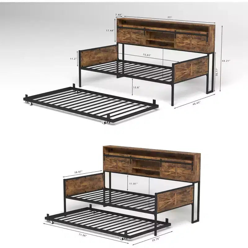 Lit de repos double avec lit gigogne, cadre de lit de repos avec tête de lit de rangement, lit plateforme de canapé robuste, lit de repos peu encombrant pour salon et chambre à coucher
