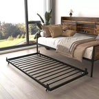 Lit de repos double avec lit gigogne, cadre de lit de repos avec tête de lit de rangement, lit plateforme de canapé robuste, lit de repos peu encombrant pour salon et chambre à coucher