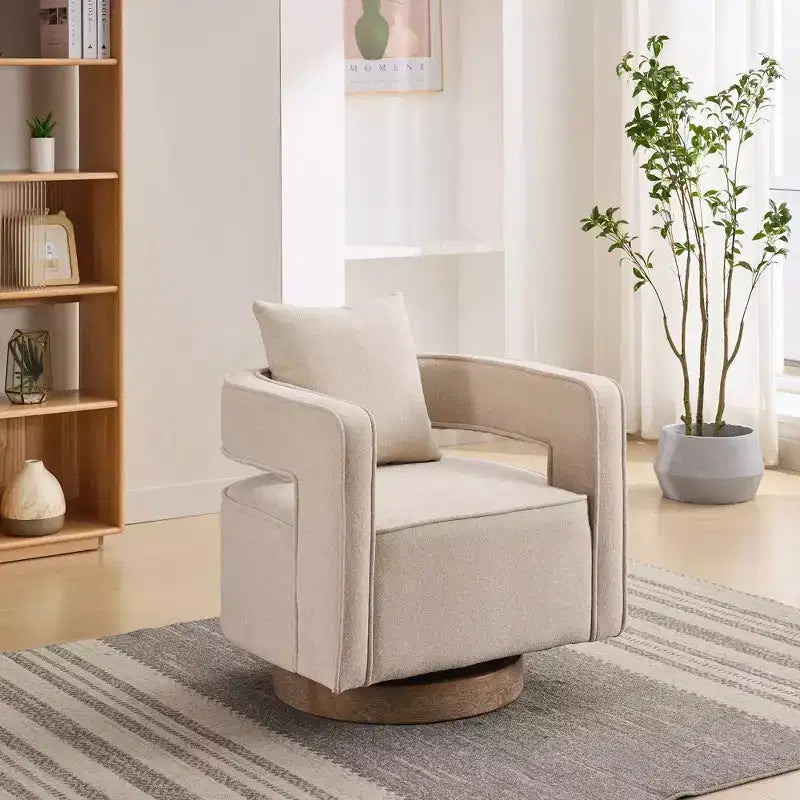 Fauteuil d'appoint pivotant à 360° à dossier ouvert avec base en bois vieilli pour salon