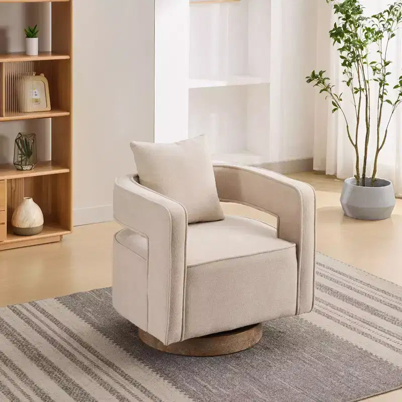 Fauteuil d'appoint pivotant à 360° à dossier ouvert avec base en bois vieilli pour salon