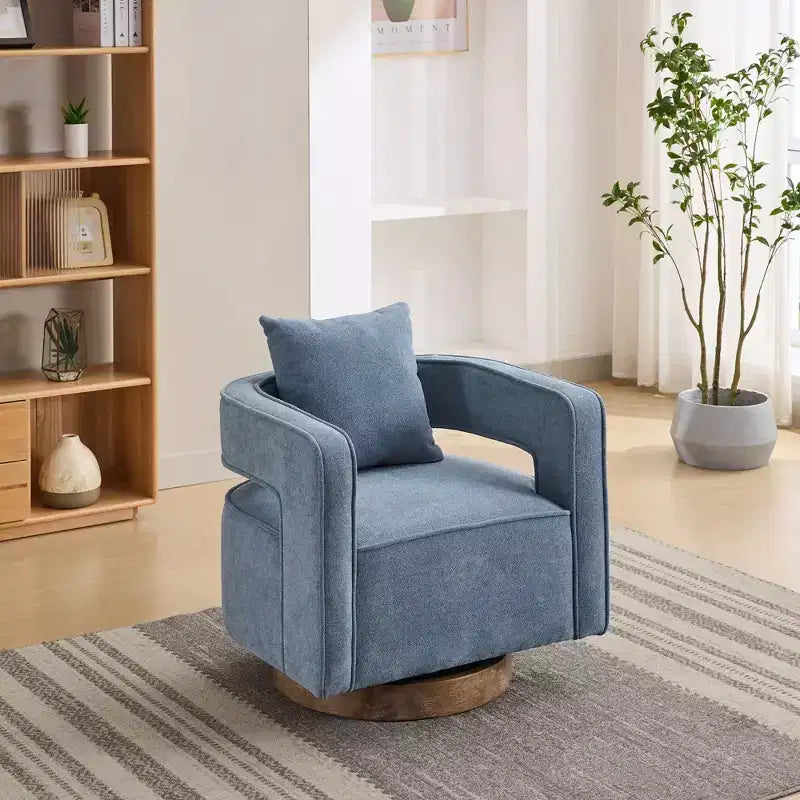 Fauteuil d'appoint pivotant à 360° à dossier ouvert avec base en bois vieilli pour salon