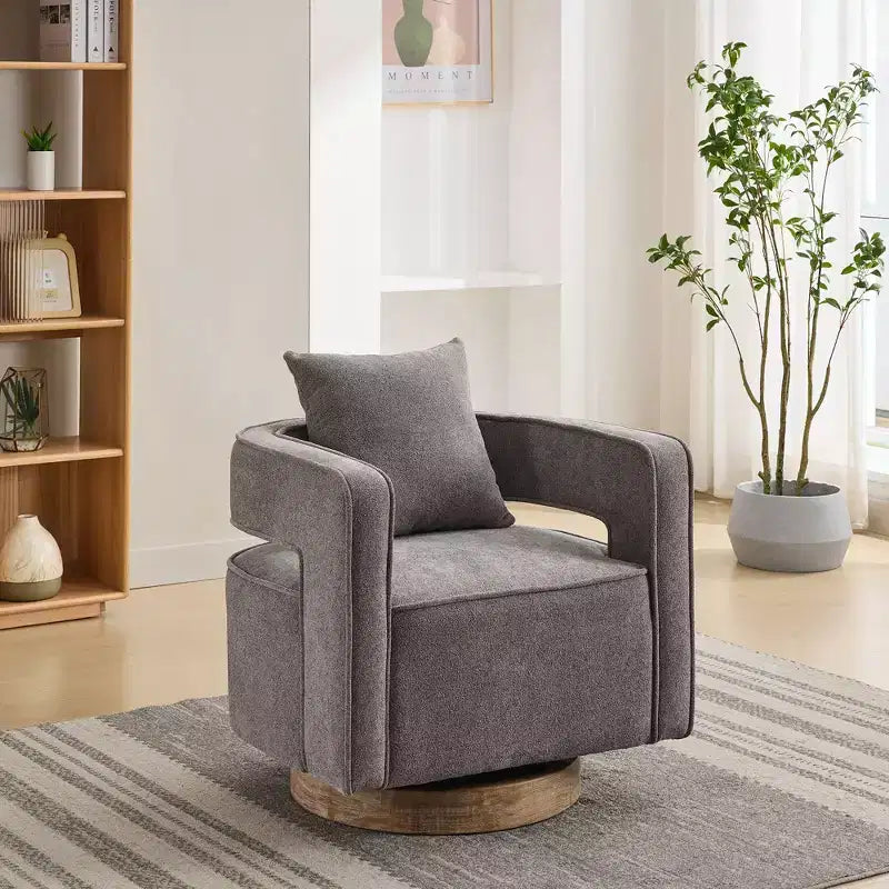 Fauteuil d'appoint pivotant à 360° à dossier ouvert avec base en bois vieilli pour salon