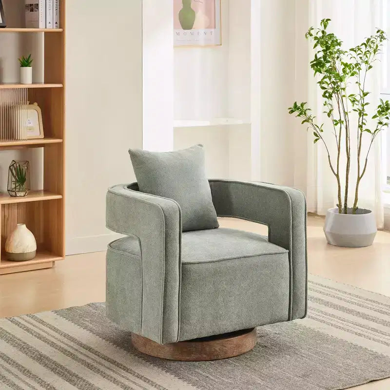 Fauteuil d'appoint pivotant à 360° à dossier ouvert avec base en bois vieilli pour salon
