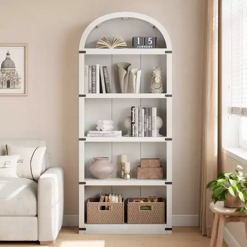 Bibliothèque 5 étagères, bibliothèque arquée 182 cm, étagère de rangement style ferme, étagères en bois pour bureau, salon