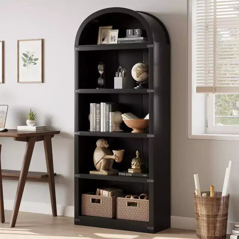 Bibliothèque 5 étagères, bibliothèque arquée 182 cm, étagère de rangement style ferme, étagères en bois pour bureau, salon