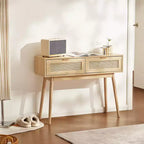 Console en rotin avec 2 tiroirs de rangement et porte coulissante en rotin naturel
