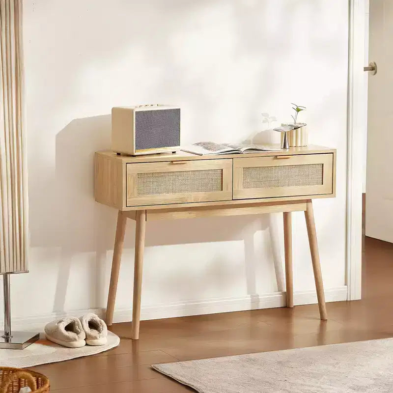 Console en rotin avec 2 tiroirs de rangement et porte coulissante en rotin naturel