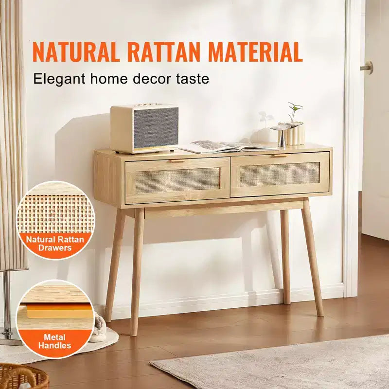 Console en rotin avec 2 tiroirs de rangement et porte coulissante en rotin naturel