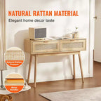 Console en rotin avec 2 tiroirs de rangement et porte coulissante en rotin naturel