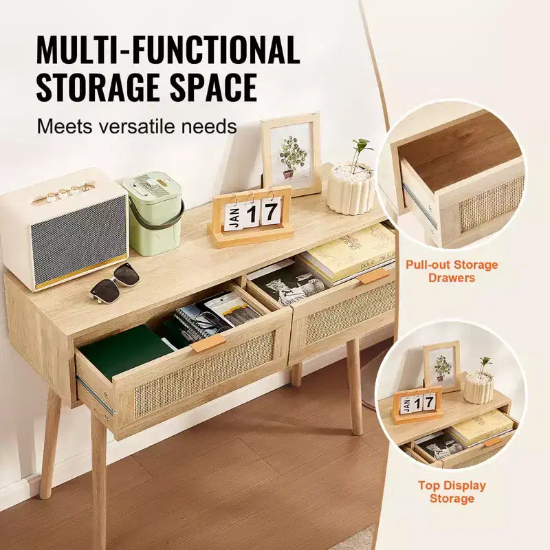 Console en rotin avec 2 tiroirs de rangement et porte coulissante en rotin naturel