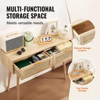 Console en rotin avec 2 tiroirs de rangement et porte coulissante en rotin naturel
