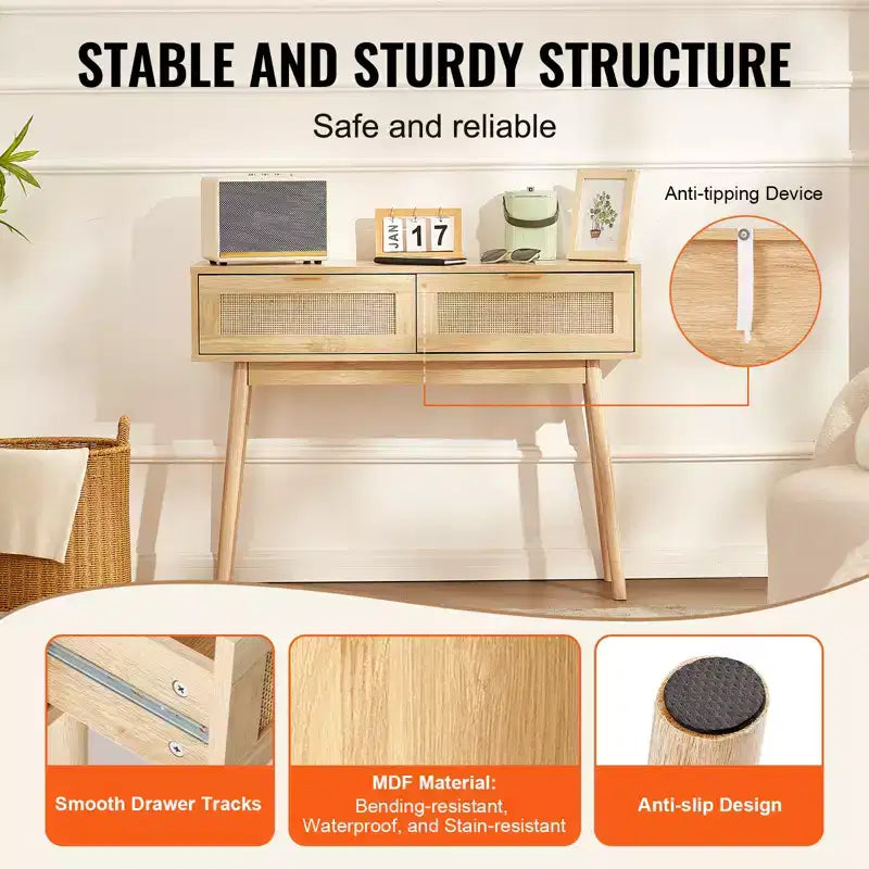 Console en rotin avec 2 tiroirs de rangement et porte coulissante en rotin naturel
