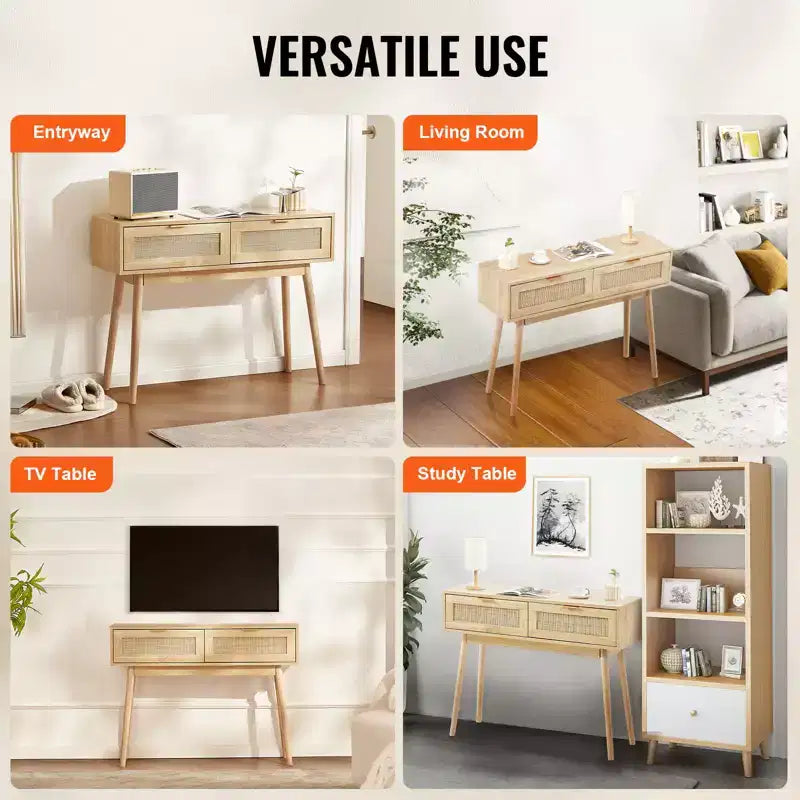 Console en rotin avec 2 tiroirs de rangement et porte coulissante en rotin naturel