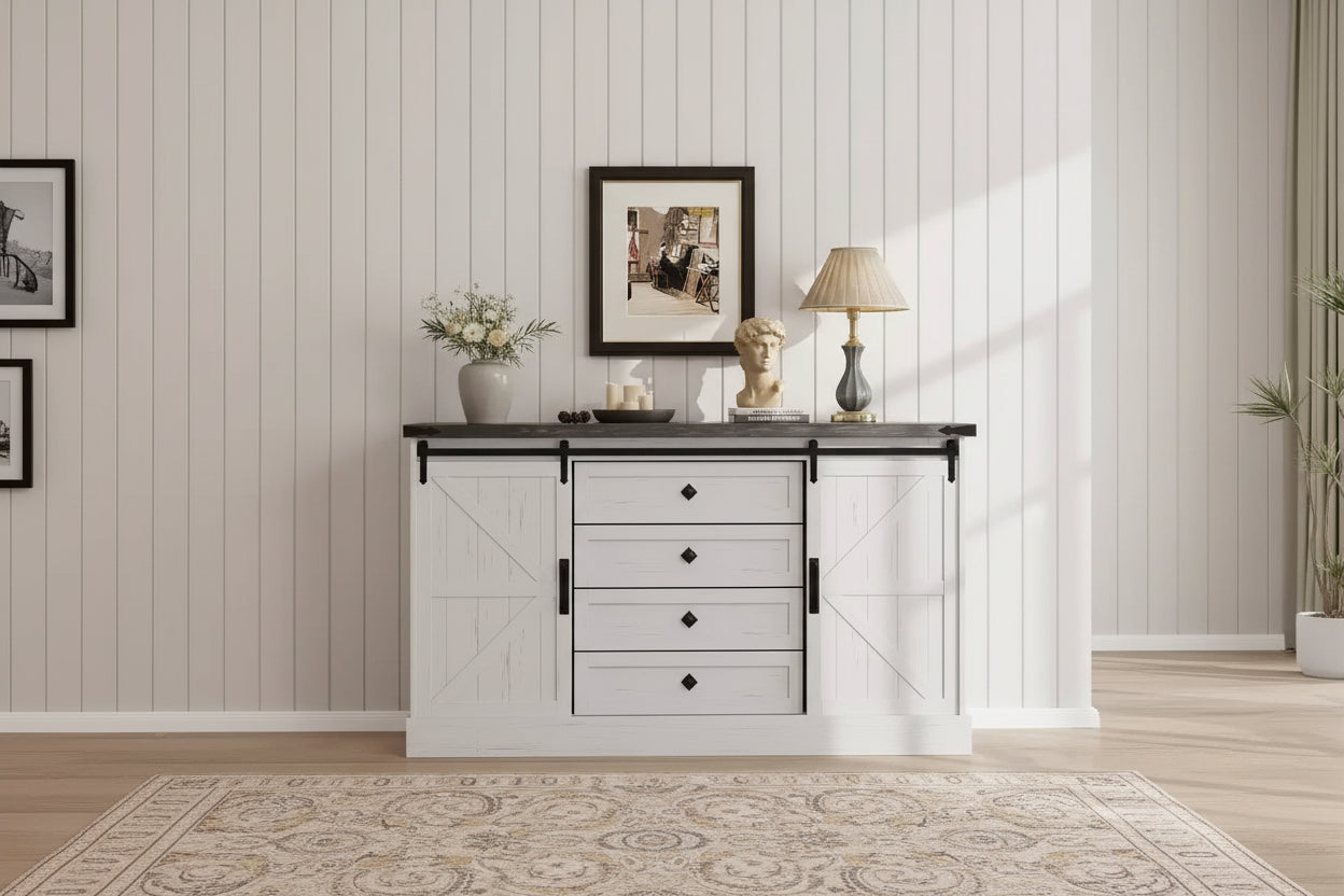 Farmhouse 4 Drawer Dresser, 59 Wood Dressers with Sliding Barn Doors, TV Stand with Drawers & Bar Handles, Chests of Drawers for Living Room, Bedroom
