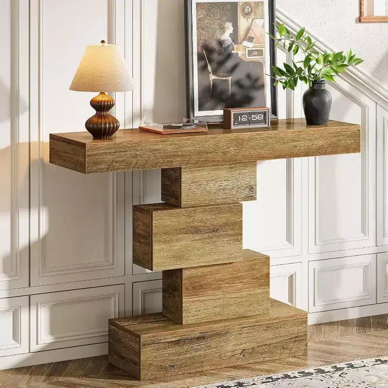 Console de ferme de 42,5 po, table de canapé étroite en bois avec base géométrique, marron clair