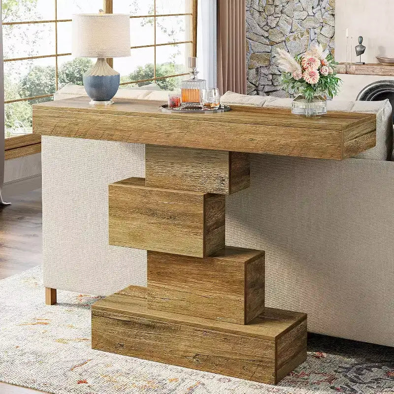 Console de ferme de 42,5 po, table de canapé étroite en bois avec base géométrique, marron clair