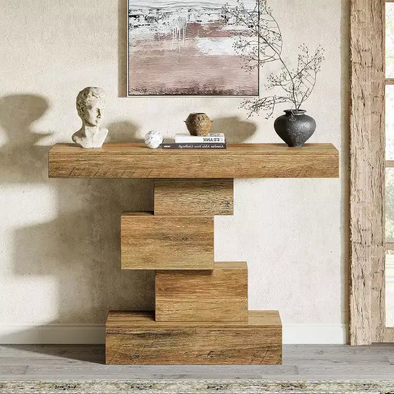Console de ferme de 42,5 po, table de canapé étroite en bois avec base géométrique, marron clair