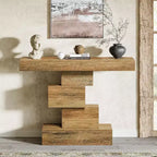 Console de ferme de 42,5 po, table de canapé étroite en bois avec base géométrique, marron clair