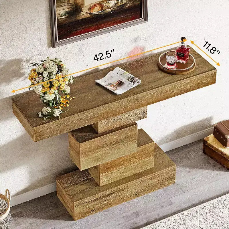 Console de ferme de 42,5 po, table de canapé étroite en bois avec base géométrique, marron clair
