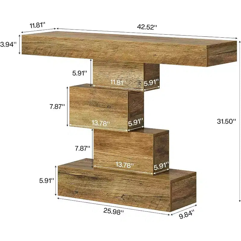 Console de ferme de 42,5 po, table de canapé étroite en bois avec base géométrique, marron clair