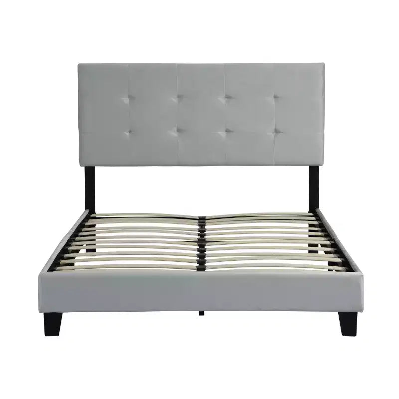 Cadre de lit double avec tête de lit capitonnée à points de traction, lit plateforme rembourré, lattes en bois, gris