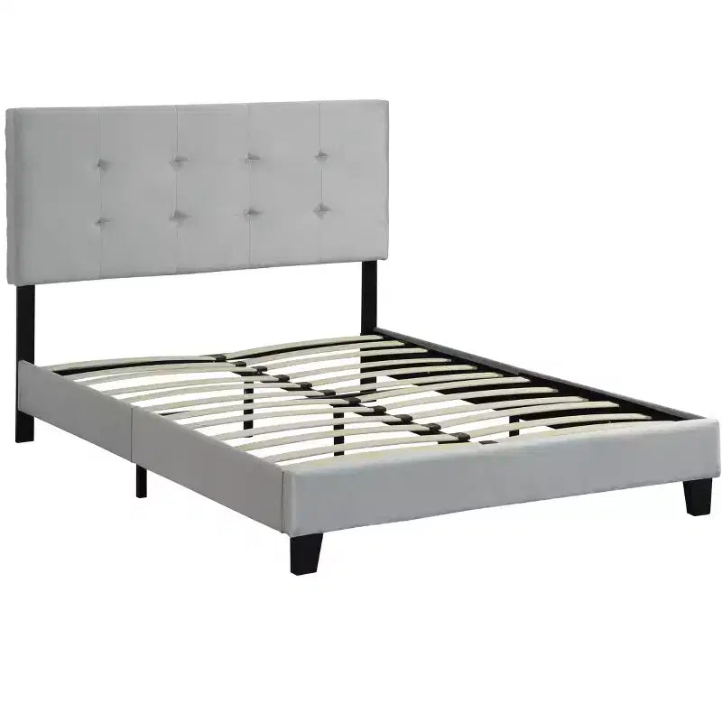 Cadre de lit double avec tête de lit capitonnée à points de traction, lit plateforme rembourré, lattes en bois, gris