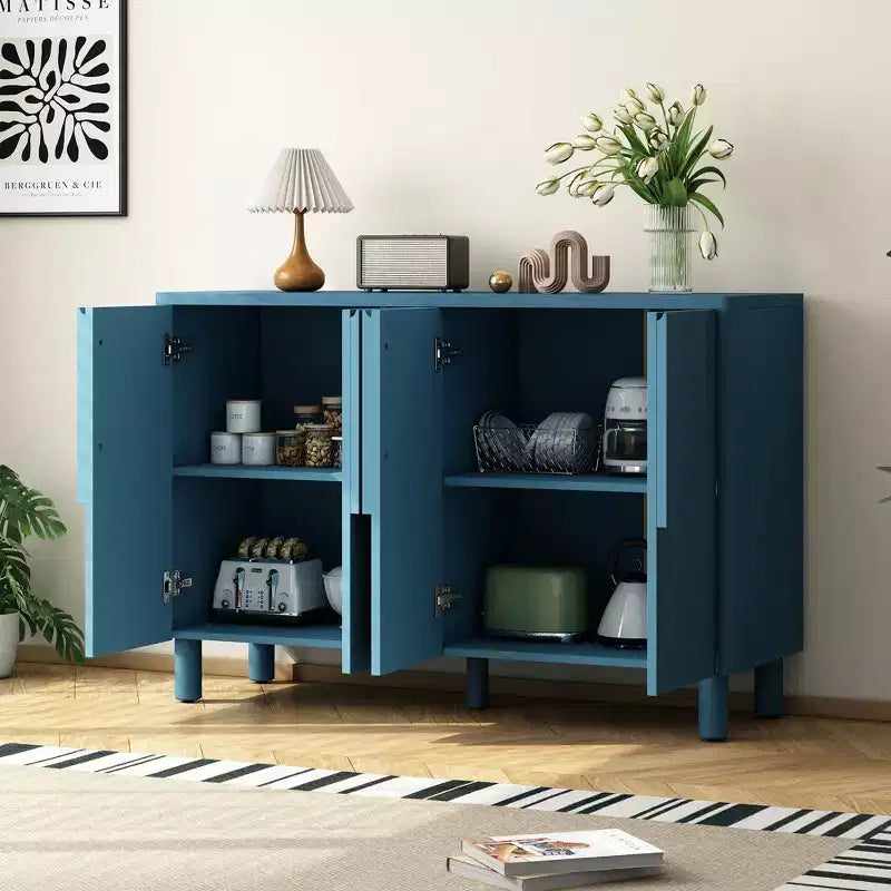 Buffet 4 portes avec rangement, buffet en bois avec poignées incurvées uniques et étagères réglables pour salle à manger