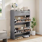Meuble à chaussures avec 2 abattants et 1 tiroir supérieur, organisateur de chaussures en bois avec étagère réglable, meuble de rangement autonome pour l'entrée et le salon