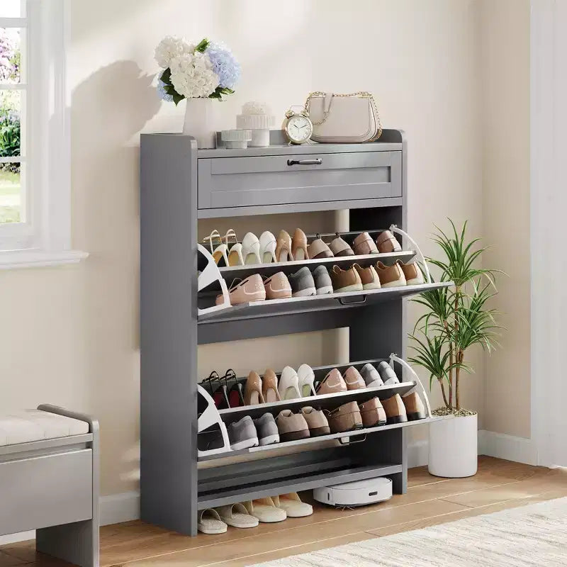 Meuble à chaussures avec 2 abattants et 1 tiroir supérieur, organisateur de chaussures en bois avec étagère réglable, meuble de rangement autonome pour l'entrée et le salon