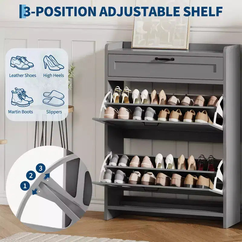 Meuble à chaussures avec 2 abattants et 1 tiroir supérieur, organisateur de chaussures en bois avec étagère réglable, meuble de rangement autonome pour l'entrée et le salon