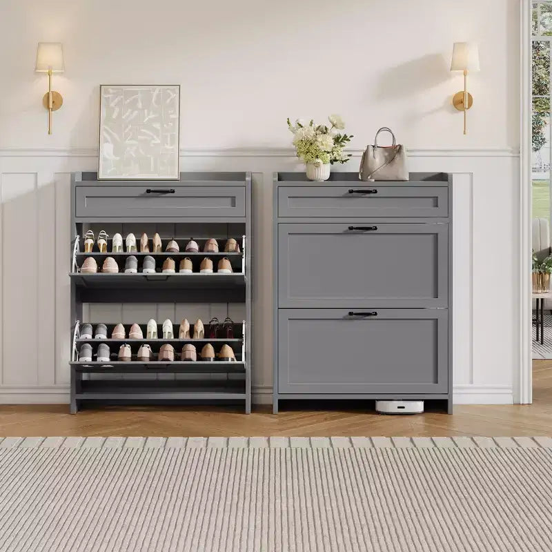 Meuble à chaussures avec 2 abattants et 1 tiroir supérieur, organisateur de chaussures en bois avec étagère réglable, meuble de rangement autonome pour l'entrée et le salon