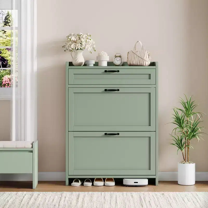 Meuble à chaussures avec 2 abattants et 1 tiroir supérieur, organisateur de chaussures en bois avec étagère réglable, meuble de rangement autonome pour l'entrée et le salon