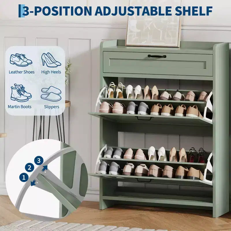 Meuble à chaussures avec 2 abattants et 1 tiroir supérieur, organisateur de chaussures en bois avec étagère réglable, meuble de rangement autonome pour l'entrée et le salon