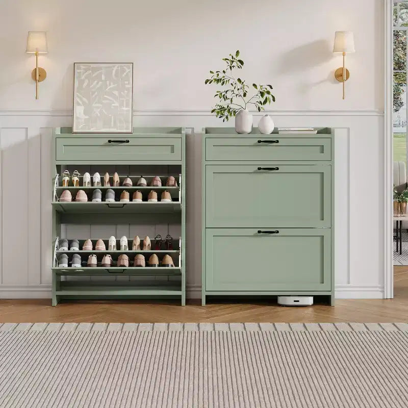 Meuble à chaussures avec 2 abattants et 1 tiroir supérieur, organisateur de chaussures en bois avec étagère réglable, meuble de rangement autonome pour l'entrée et le salon