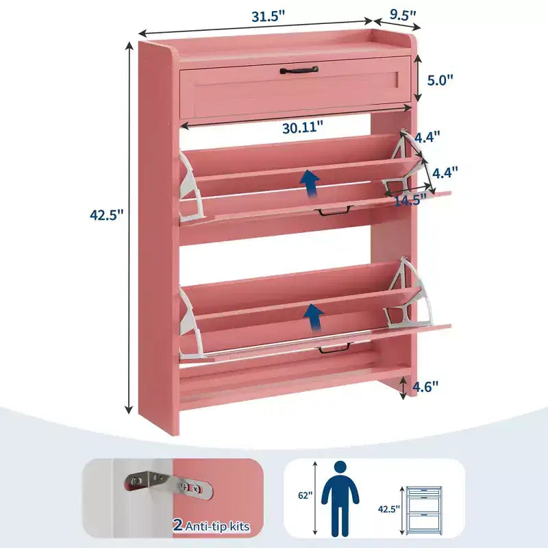 Meuble à chaussures avec 2 abattants et 1 tiroir supérieur, organisateur de chaussures en bois avec étagère réglable, meuble de rangement autonome pour l'entrée et le salon