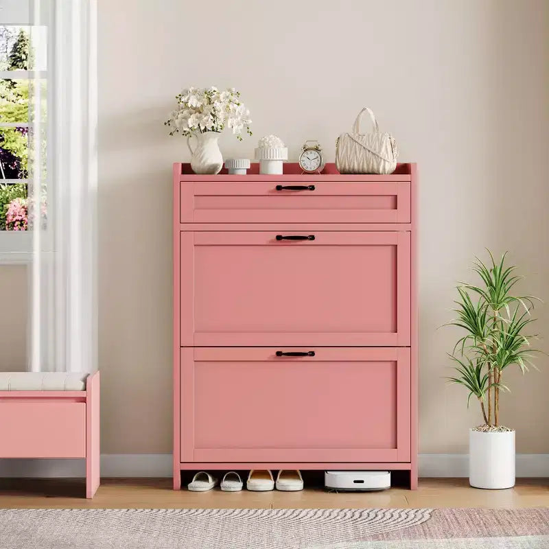 Meuble à chaussures avec 2 abattants et 1 tiroir supérieur, organisateur de chaussures en bois avec étagère réglable, meuble de rangement autonome pour l'entrée et le salon