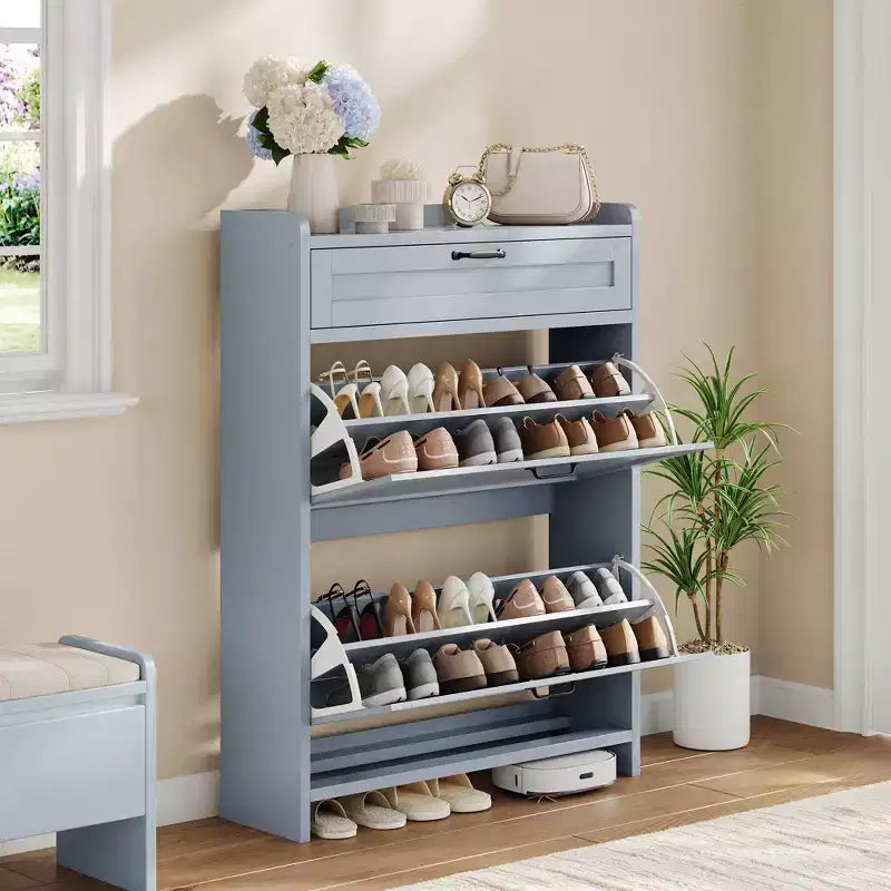 Meuble à chaussures avec 2 abattants et 1 tiroir supérieur, organisateur de chaussures en bois avec étagère réglable, meuble de rangement autonome pour l'entrée et le salon