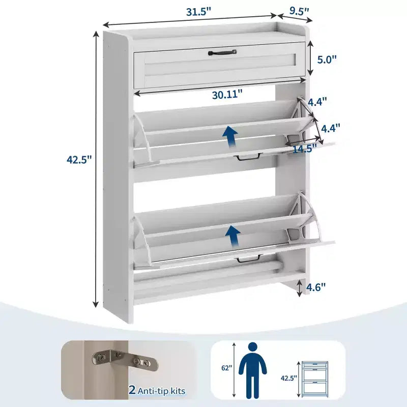 Meuble à chaussures avec 2 abattants et 1 tiroir supérieur, organisateur de chaussures en bois avec étagère réglable, meuble de rangement autonome pour l'entrée et le salon