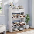 Meuble à chaussures avec 2 abattants et 1 tiroir supérieur, organisateur de chaussures en bois avec étagère réglable, meuble de rangement autonome pour l'entrée et le salon