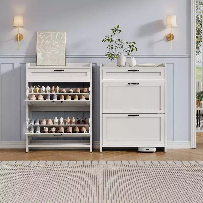 Meuble à chaussures avec 2 abattants et 1 tiroir supérieur, organisateur de chaussures en bois avec étagère réglable, meuble de rangement autonome pour l'entrée et le salon