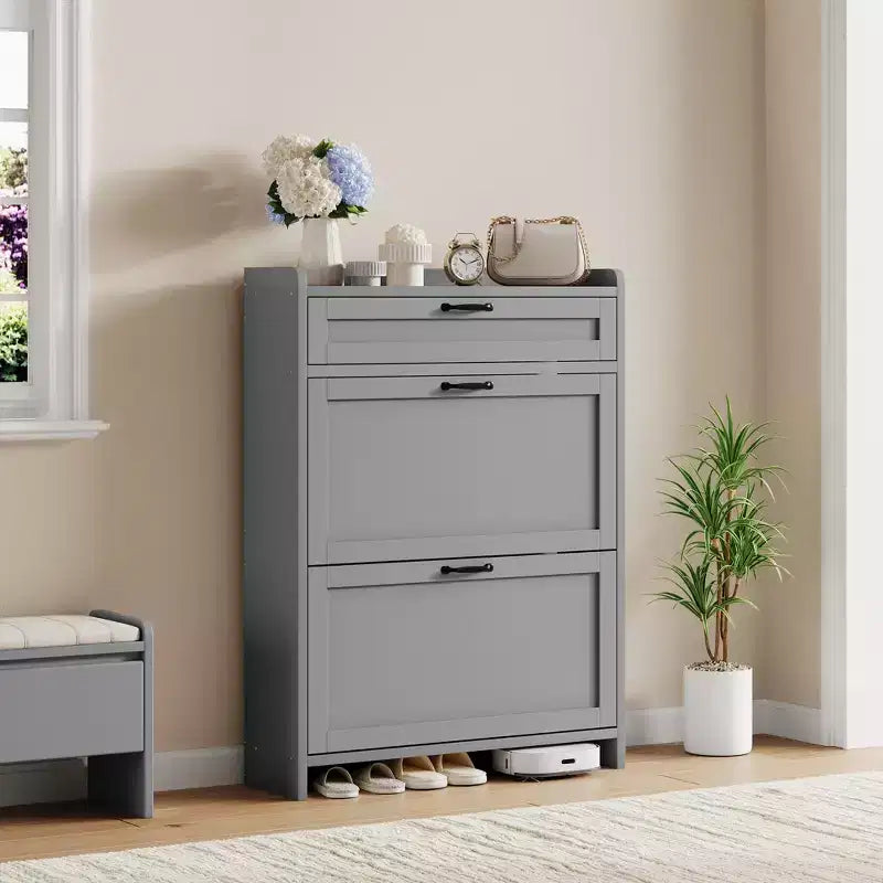Meuble à chaussures avec 2 abattants et 1 tiroir supérieur, organisateur de chaussures en bois avec étagère réglable, meuble de rangement autonome pour l'entrée et le salon