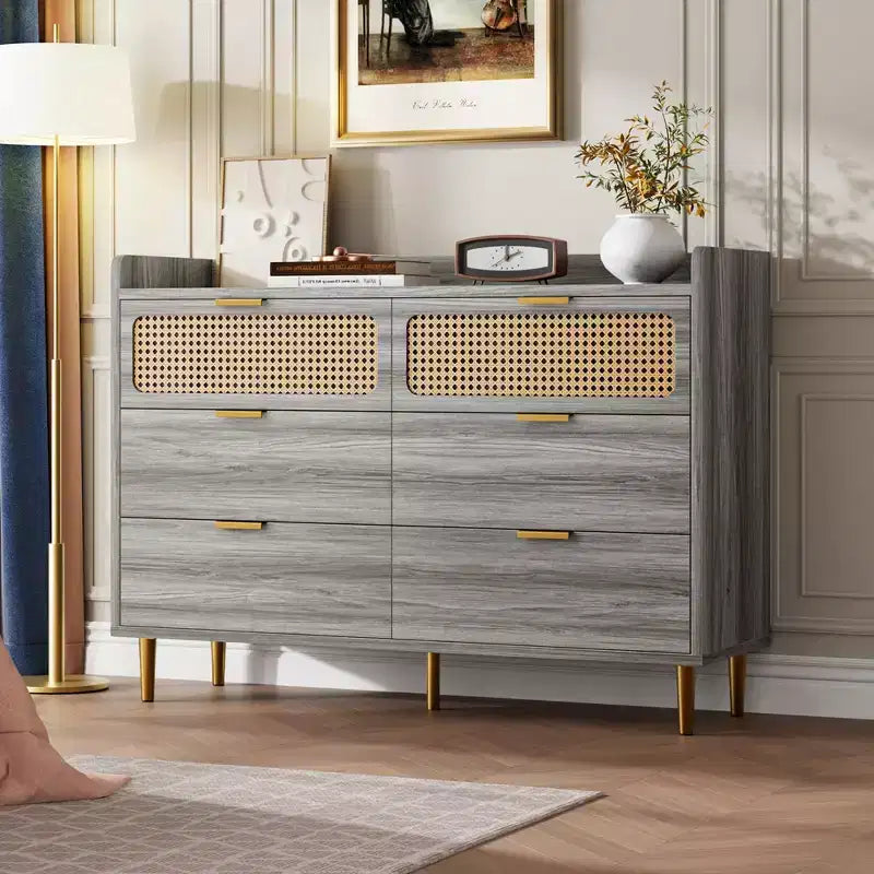 Dresser for Bedroom, 6-Drawer Mid Century Modern Dresser with Gold Hardware & Rattan Design, TV Stand