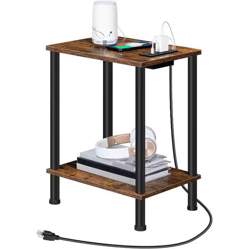 Table d'appoint avec station de recharge, port USB, prise Type-C et secteur, étagères de rangement à 2 niveaux