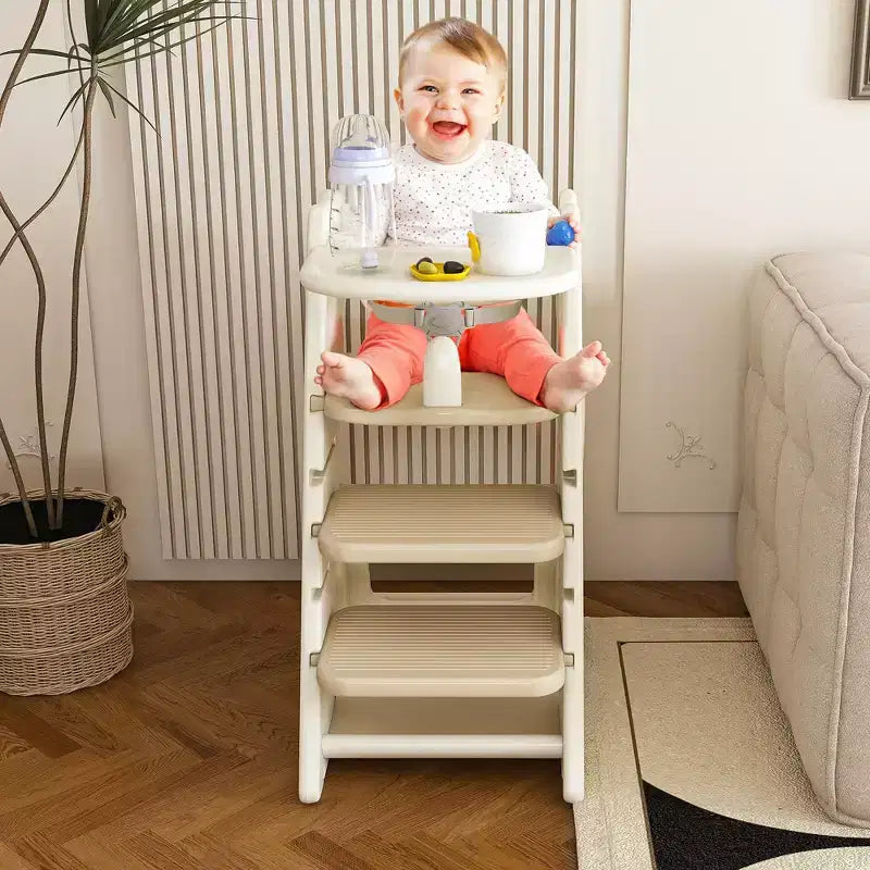Chaise haute multifonctionnelle pour tout-petits, tour d'apprentissage réglable en hauteur avec harnais à 5 points et grand plateau amovible pour l'alimentation et les repas
